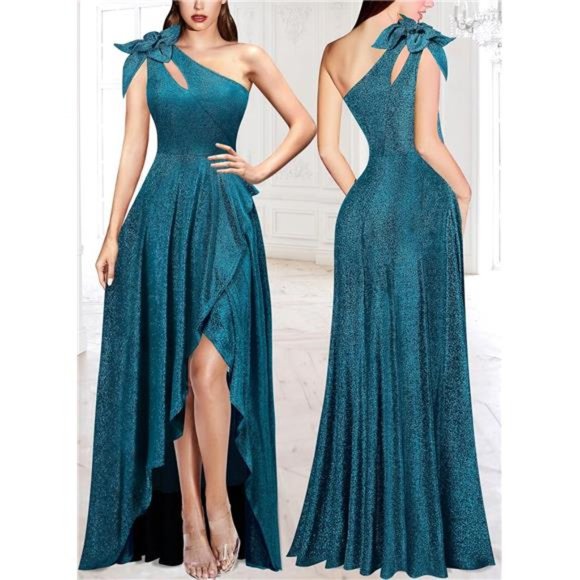 Womens 3D Flower One Shoulder Prom Formal Wedding Shiny Teal Blue - Picture 3 of 7